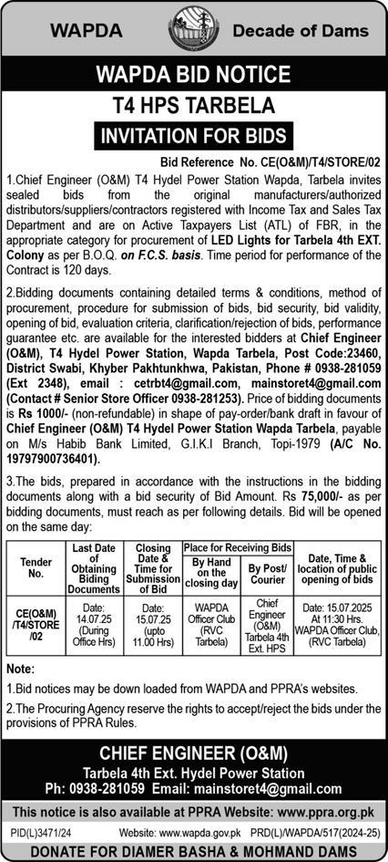 Wapda Tarbela Tender Notice